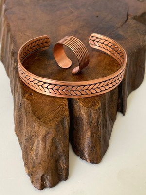 Ayarlanabilir %100 Saf Bakır Bileklik Bakır Yüzük Kombini El Yapımı Bileklik Yüzük