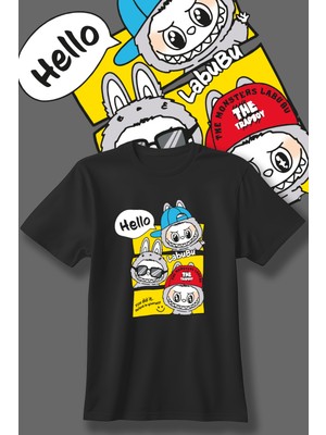 Labubu Desen Baskılı Siyah ve Beyaz Çocuk Tshirt