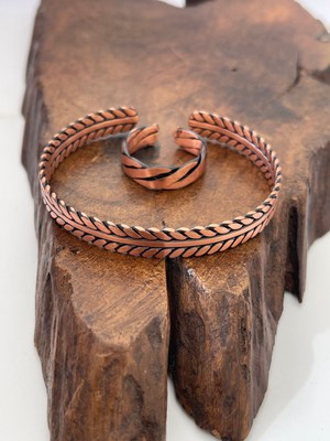 Ayarlanabilir %100 Saf Bakır Bileklik Bakır Yüzük Kombini El Yapımı Bileklik Yüzük