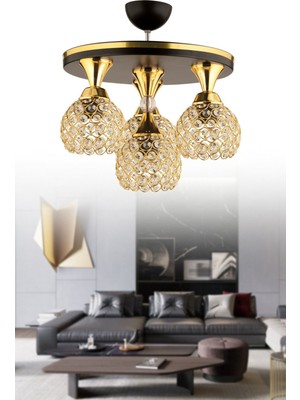 Modern 4'lü Kristal Top Profonyer Avize, Siyah ve Sarı Yaldız Detaylar