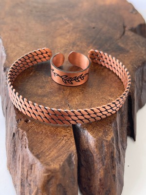 Ayarlanabilir %100 Saf Bakır Bileklik Bakır Yüzük Kombini El Yapımı Bileklik Yüzük