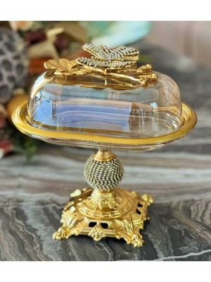 Kelebek Detaylı Gold Metal Sunumluk, Peynirlik ve Tereyağlık Seti