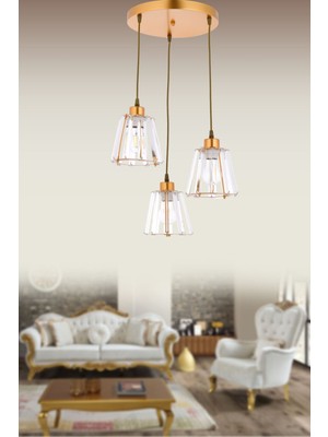 3'lü Kristal Taşlı Gold Sarkıt Avize, Şık ve Parlak Dekorasyon Parçası