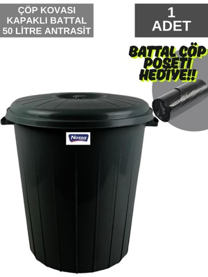 Kapaklı 50 Litre Çöp Kovası, Siyah Gri Renkli, Dayanıklı ve Pratik Tasarım