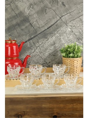 12 Parça Şık Kristal Cam Fincan Takımı, Kahverengi