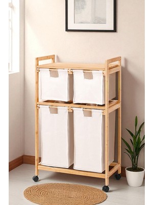 Bambu 4 Bölmeli Çamaşır Sepeti ve Raflı Banyo Düzenleyici Kahverengi