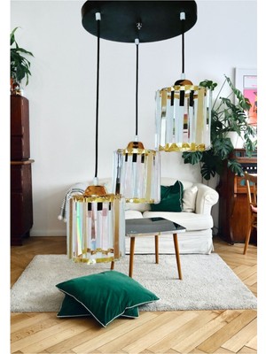 3'lü Sarı-Siyah Renkli Kristal Salon Avizesi, Şık ve Modern Tasarım.