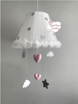 Bebek Çocuk Odası Avizesi, Beyaz Tül, Pembe Kalp, Gri Yıldız ve Bulut Detaylarıyla Şık
