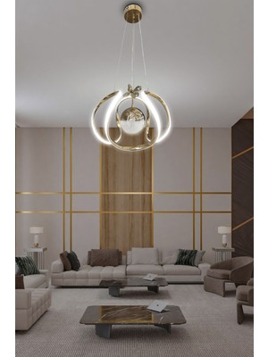 Arya Tek Toplu LED Avize 2 Mt, Kumandalı, Gold, Salon ve Oturma Odası Dekorasyonu
