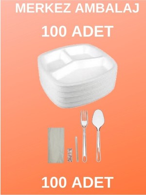 Beyaz Köpük Tabak, Üç Gözlü, Kapaksız, 100 Adet Paket