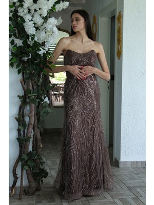 Kahve Taş Işlemeli Uzun Balık Abiye 0801056.05