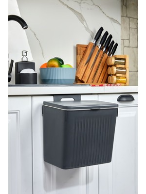 Antrasit 8l Mutfak Tezgah Üstü ve Dolap Askılı Çöp Kovası