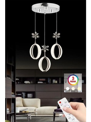 Modern 3'lü Gümüş LED Avize, Kumandalı, 3 Renk Işık Seçeneği