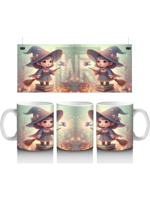 Büyü Kitabı Tutan Sevimli Cadı Kız Figürlü Çocuklara Özel Cadılar Bayramı Baskılı Kupa Bardak