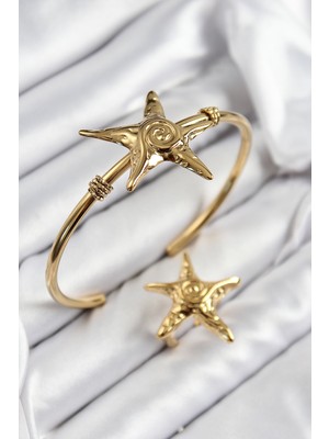 Pirinç Deniz Yıldızı Model Gold Renk Bileklik Yüzük Set - TJ-BB7600