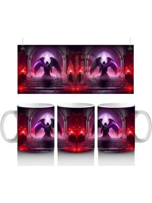 Kırmızı Işıklar Altında Karanlık Vampir Figürlü Cadılar Bayramı Baskılı Kupa Bardak