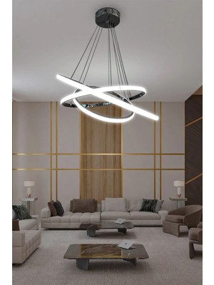 3'lü Çember LED Avize, 3 Renk Kumandalı, Antrasit Renkli Modern Aydınlatma