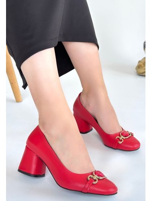 Küt Burun Topuklu Ayakkabı Cilt Kırmızı Topuk Boyu 7 cm