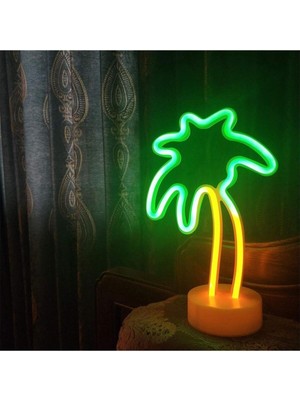 Palmiye Ağacı Tasarımlı USB ve Pilli Neon LED Gece Lambası, Şık ve Hediye Seçeneği