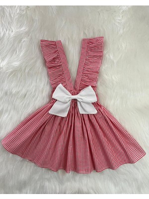 EYLÜLCE BUTİK Kız Çocuk Kırmızı Pötikareli Beyaz Fiyonklu Fırfır Askılı Salopet Elbise (%100 Pamuk Kumaş)