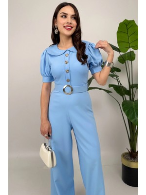 Firenze Kadın Mavi Düğmeli Kemer Detaylı Bol Paça Tulum – Zarif Akşam Şıklığı