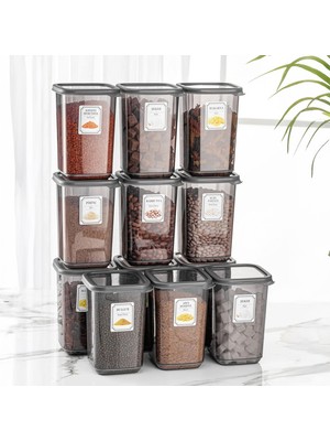 12'li Set Pino Etiketli Büyük Boy Kare Erzak Saklama Kabı Seti Antrasit 12 x 1.10 Lt