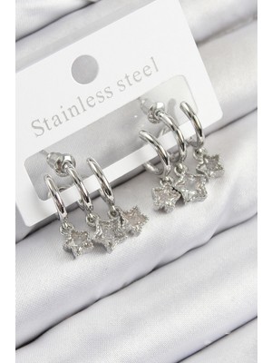 Pirinç Zirkon Taşlı Sallantılı Yıldız Model Gümüş Renk Kadın Küpe