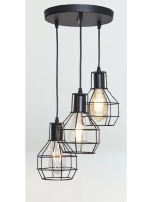 Şık Siyah Metal 3'lü Dekoratif Kafes Sarkıt Avize 30 cm