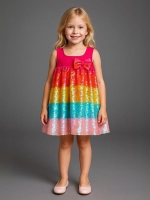 Kız Çocuk Pul Payetli Gökkuşağı Tasarım Abiye Elbise