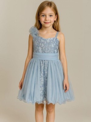 Kız Çocuk Güpür Detaylı Tüllü Tasarım Abiye Elbise