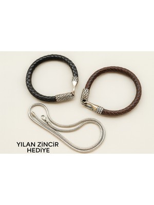 Erkek Deri Bileklik ve Yılan Zincir Kolye Seti