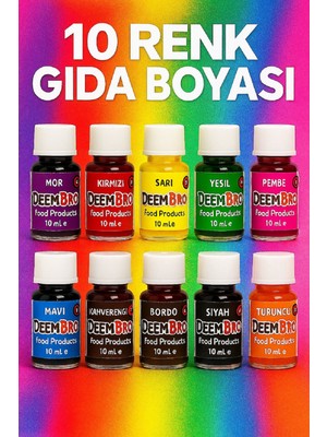 Deembro Gıda Boyası Seti Sıvı 10 Adet 10 Renk  10 ml x 10 Adet Su Bazlı Likit Gıda Boyaları 10 Lü Set