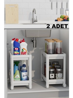 Iki Katlı Tekerlekli Beyaz Çok Amaçlı Düzenleyici, Mutfak ve Banyo Rafı