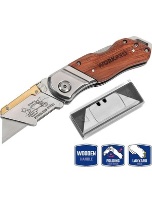 WP211014 Ağır Hizmet Paslanmaz Çelik/ahşap Gövde Katlanır Rötuş Maket Bıçağı + 10 Adet Yedek Bıçak