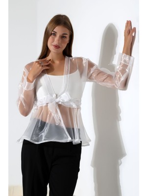 Mois Atelier Beyaz Organze Volanlı Şifon Tül Gömlek Ceket Abiye Tasarım Hediye Büyük Beden Tesettür
