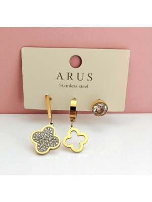 Kadın Zirkon Taşlı Yonca Detaylı 3 Adet Çelik Küpe