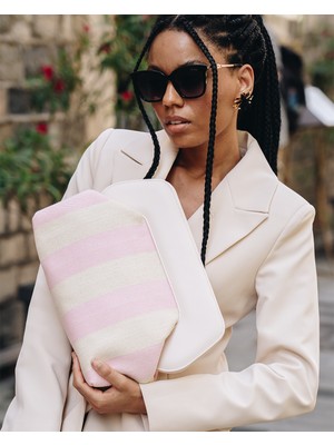 Heybes Kadın Pembe Çizgi Desenli Kanvas Clutch El Çantası