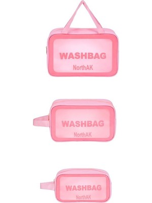 3'lü Set Şeffaf Seyahat Makyaj Çantası - Kozmetik ve Makyaj Çantası 3 Adet Seyahat Çantası Pembe