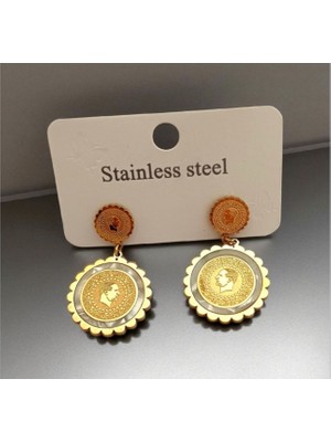 Kadın Sedef Taşlı Çeyrek Altın Görünümlü Çelik Küpe