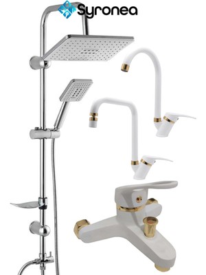 Mix Beyaz Altın Mutfak Evye Lavabo Batarya Seti Banyo Duş Yenileme Seti 4 Parça Duş