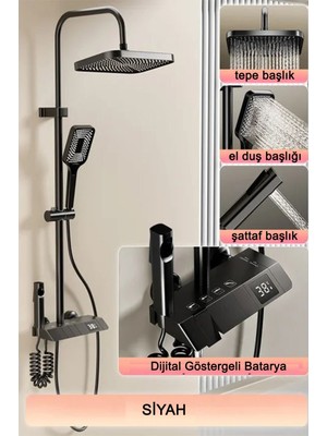 Aquashower LED Göstergeli Siyah Piyano Banyo Batarya Robot Tepe Yağmurlama Duş Seti Garantili