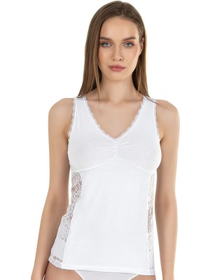 Kadın Pamuklu V Yaka Dantel Detaylı Kalın Askılı Süprem Atlet