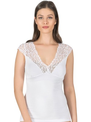 Kadın Pamuklu Kısa Kollu Dantelli Örme Atlet