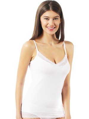 Kadın Pamuklu Modal Yakası ve Eteği Dantelli Ince Askılı Atlet