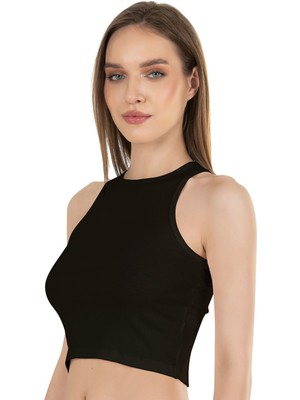 Kadın Pamuklu Fitilli Vücuda Oturan Halter Yaka Esnek Örme Crop Atlet