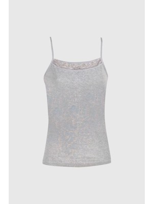 3'lü Gri Ribana Dantelli Ip Askılı Kadın Atlet