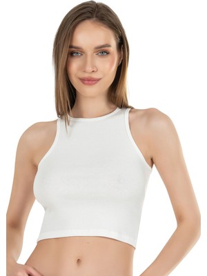 Kadın Pamuklu Fitilli Vücuda Oturan Halter Yaka Esnek Örme Crop Atlet