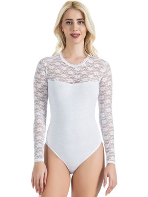 Iç Giyim Derya Kurşun Dantel Işlemeli Oval Yaka Uzun Dantel Kol Çıt Çıtlı Body Atlet