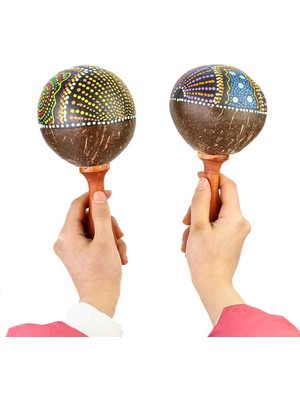 Coconat Marakas Dıarta Tam Tam Hış Hış Hindistan Cevizi Ahşap Doğal Aborjin Desenli Batikli Otantik Müzik Aleti