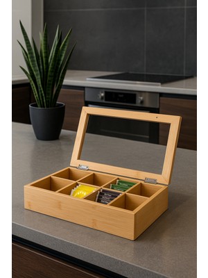 8 Bölmeli Bambu Poşet Çay Kutusu Bambu Organizer Kutu Takı Aksesuar Kutusu 30X20X7CM.